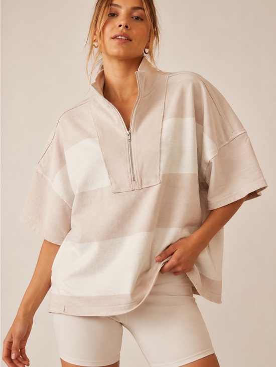 FP Movement by Free People Tops - Free People Movement Oversized Half Zip Pullover XL Ivory Stripe Short Sleeve